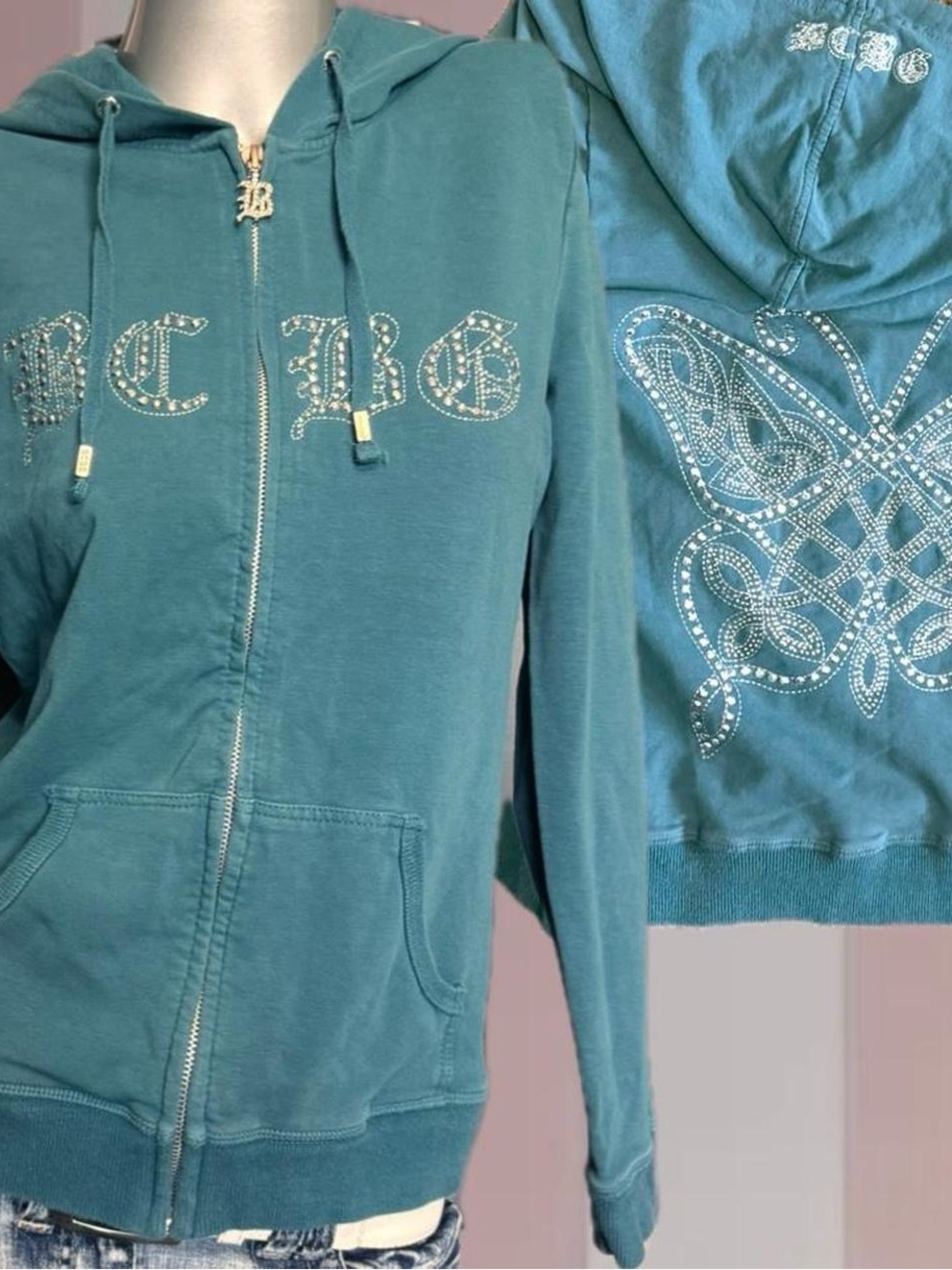 BCBG Rhinestone Logo Teal Vintage Y2K Hoodie
